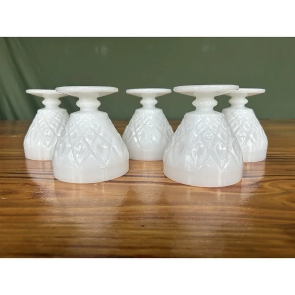 5-PC‎ Milk Glass Footed Drinking Goblet Cups Diamond Geometric 3D Design